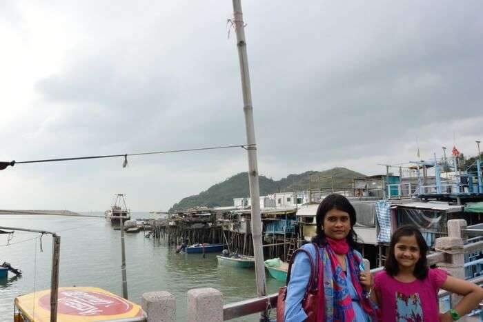 Saurabh's wife and their daughter Shamika at the fishermen's village in the Lantau Island