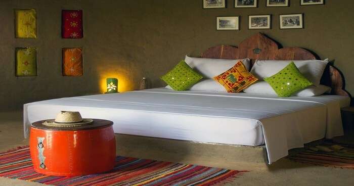 A bedroom in the Lakshman Sagar decorated with ethnic draperies
