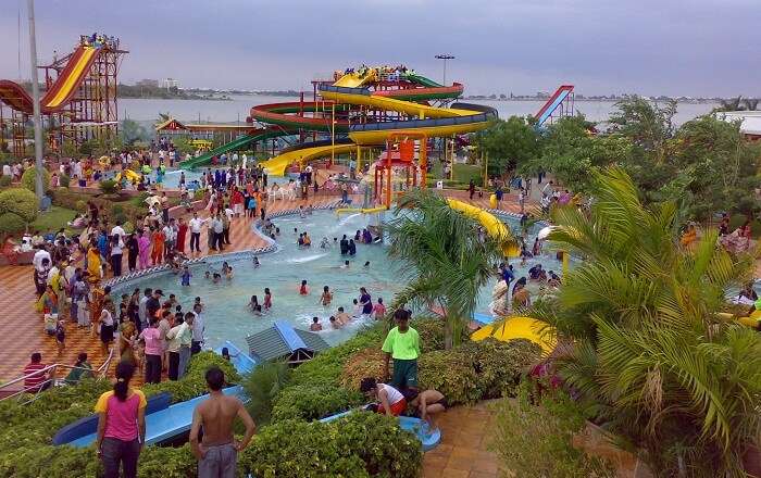 The water rides and pool at the Ocean Park in Hyderabad