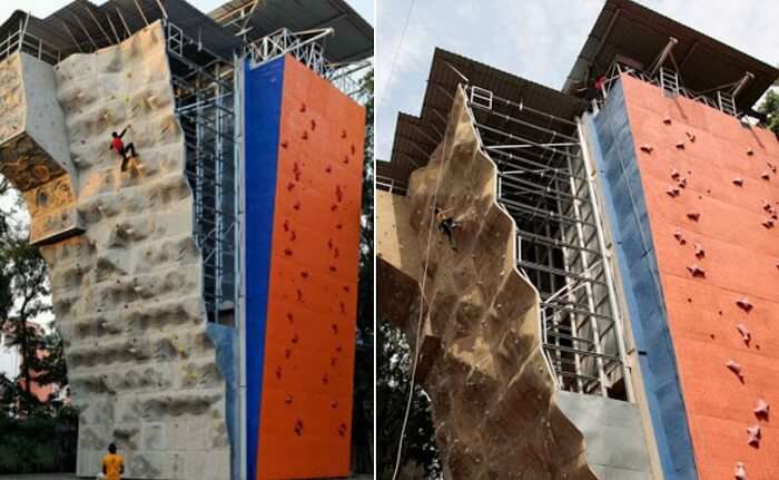 People trying the artificial wall climbing that is one of the adventure sports in Pune