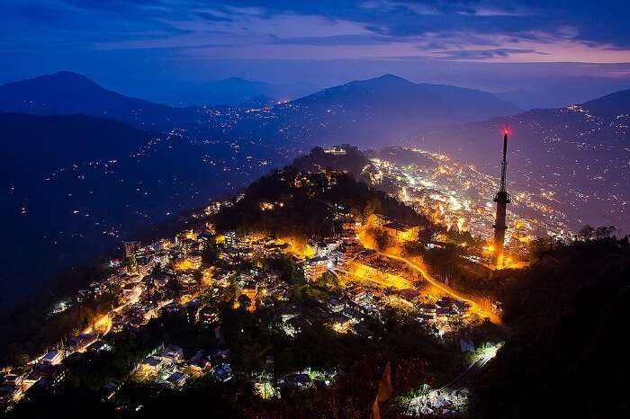 An bird-eye view of the cityscape of the Gangtok city at night