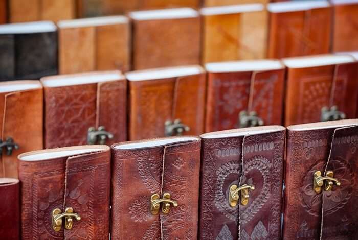 Leather journals at a shop on Jagdish Temple Street - One of the best spots to enjoy street shopping in Udaipur