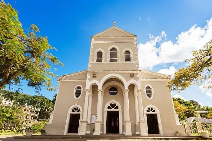 The entrance to the Cathedral of Immaculate Conception in Seychelles
