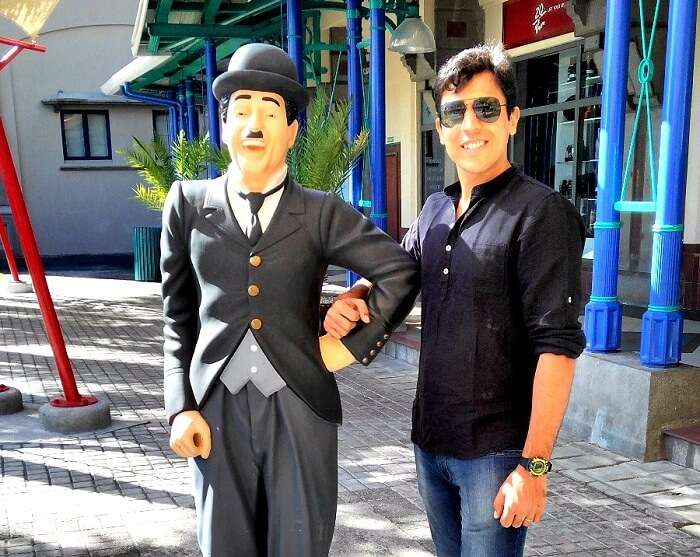 Sumit with Charlie Chaplin statue