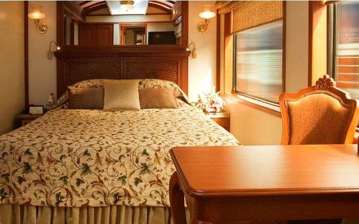 Interiors of deluxe room in Palace On Wheels
