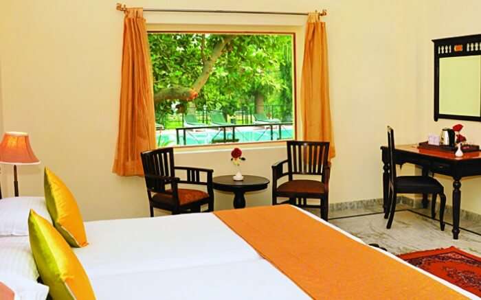 An inside view of a room at Raj Palace Resort in Ranthambore