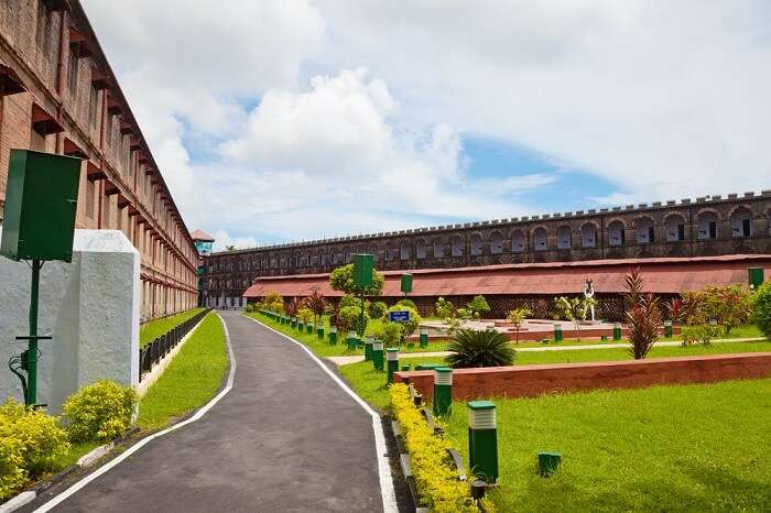 A beautiful shot of the lawn and the jail building at the Cellular Jail in Port Blair
