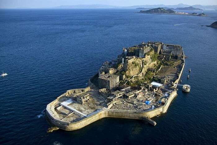 Bird eye view of the abandoned Hashima Island in Nagasaki region of Japan