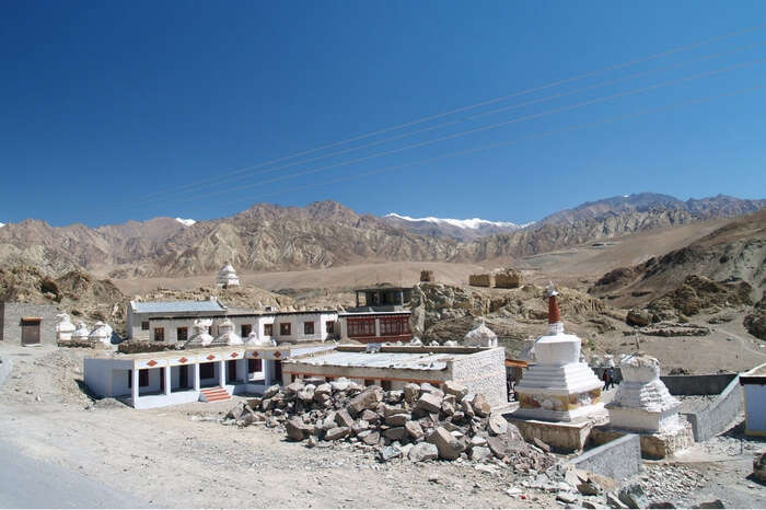 Alchi Monastery in Ladakh overlooked by mountains