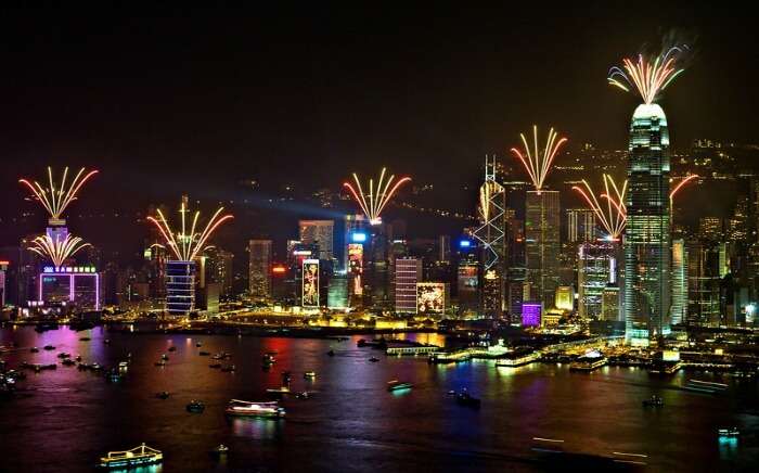 Victoria Harbour during celebration of new year in Hong Kong