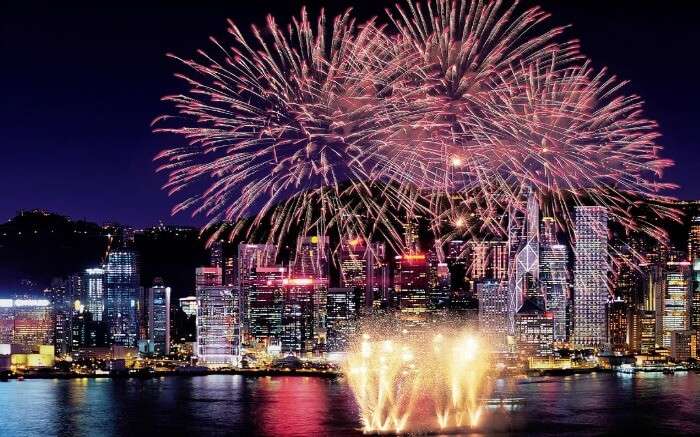 Fireworks during celebration of new year in Hong Kong