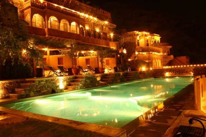 Glittering pool overlooking Neemrana Fort Palace