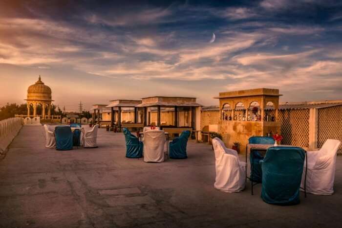 Rooftop seating arrangement at Fort Rajwada in Jaisalmer