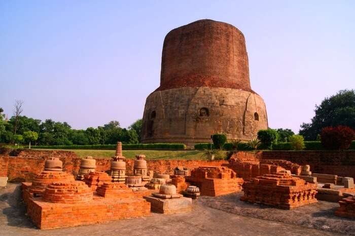 Dhamekh Stupa in Panchayatan Temple ruins in Sarnath