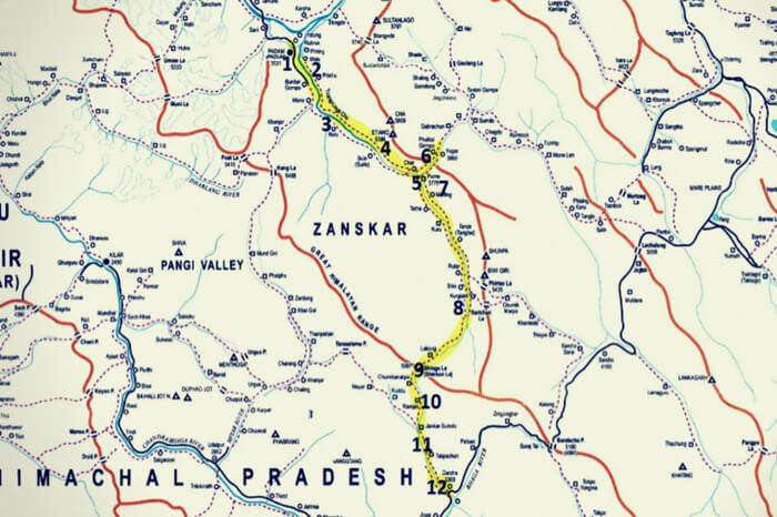 Route map of the Padum to Darcha trek in Zanskar Valley