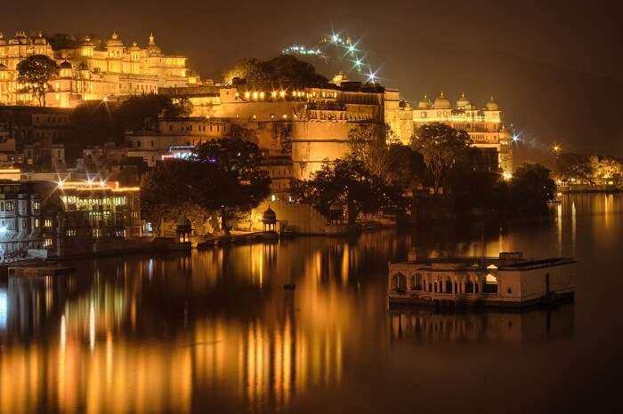 A night shot of the Lake Palace in Udaipur