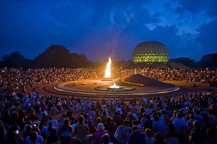 Matrimandir in Auroville at night, puducherry