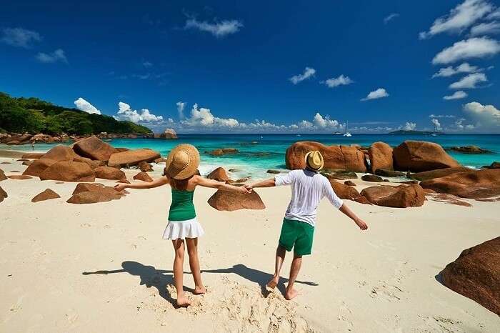 Happy honeymoon couple in Seychelles