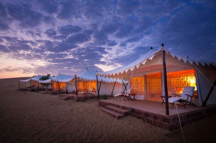 Dark clouds hovering above the camps at Desert Haveli Resort in the Thar desert
