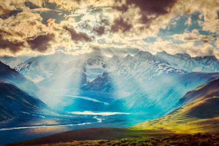 Sun rays making way through the clouds in Spiti Valley