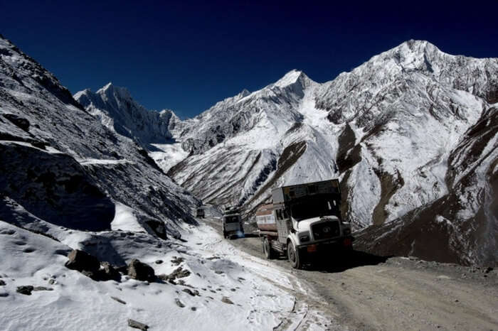A truck crossing the Kunzum La Pass near Spiti