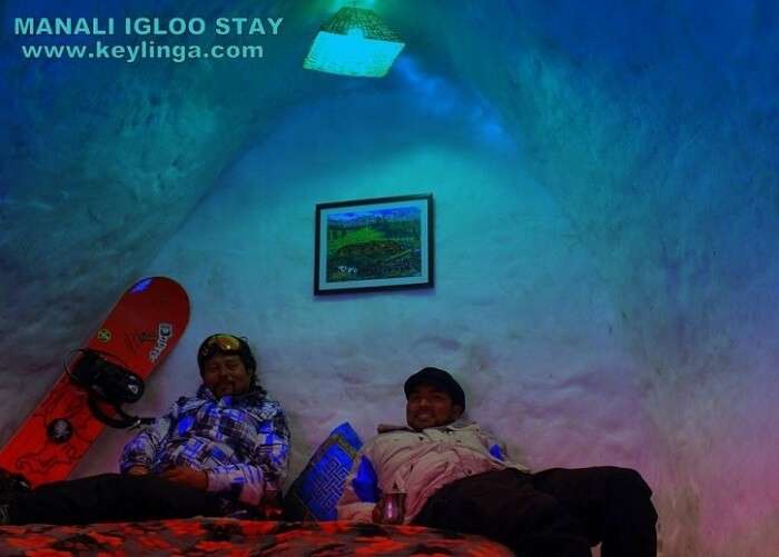 Adventure enthusisats resting inside an igloo in Manali