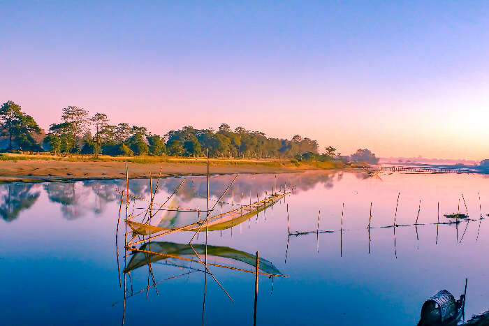 a boat in in the river in Majuli