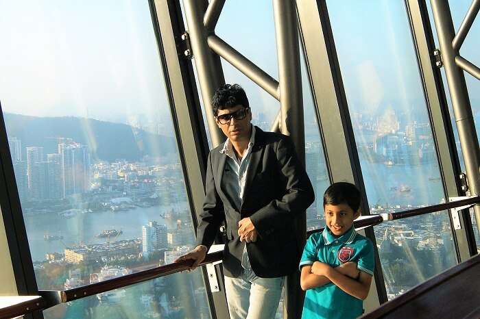 Sudip and his son at the macau tower