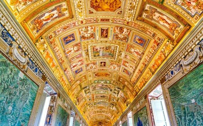 Ornated interior of Vatican Museum in Italy