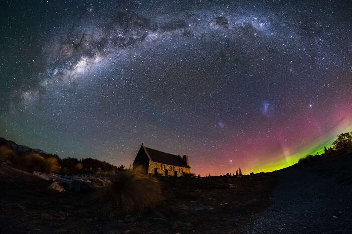 Aurora Australis lighting up the sky above the Church of Good Shepherd