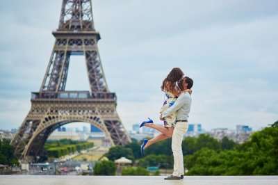 Loving couple having a date near the Eiffel tower in France