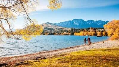 Romantic couple walking together in Queenstown