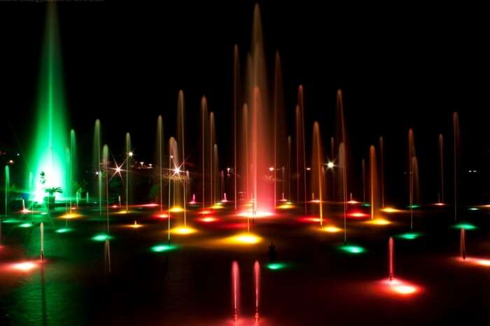 Musical fountain all lit up in Brindavan Gardens in Mysore