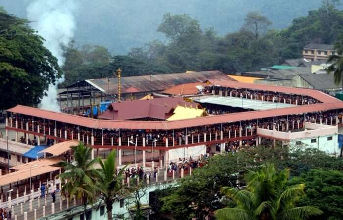 Top view of a packed Sabarimala temple in Pathanamthitta