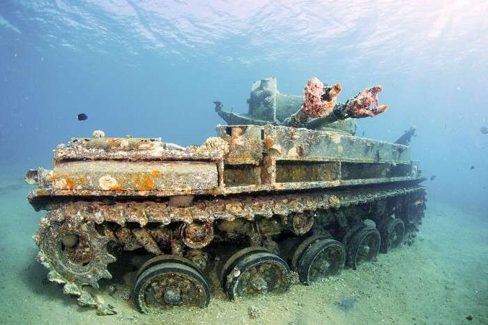 Sunken wreck of a tank in Red Sea near Aqaba in Jordan