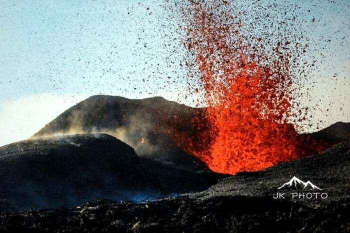 an erupting volcano in Reunion Island, France