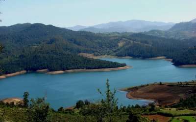 Emerald Dam and Lake meandering through Nilgiri mountains 