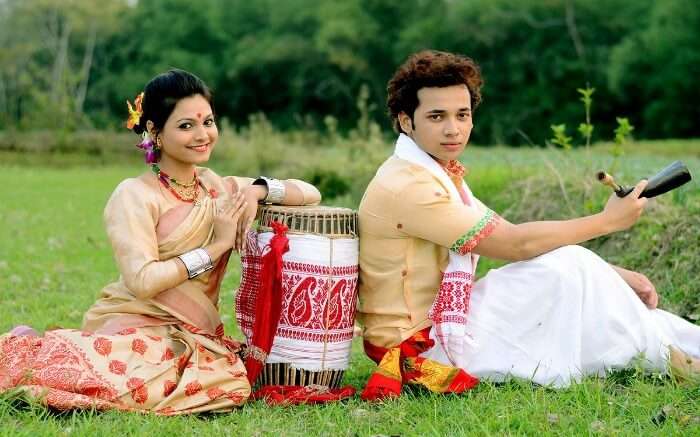 A couple from Assam, one of the Seven Sisters of India, dressed in traditional attire 