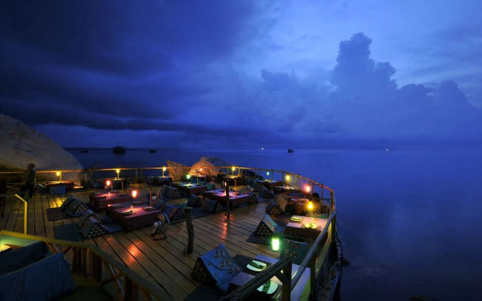 A romantic restaurant in a resort overlooking sea 