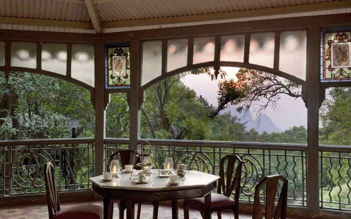 Tea served on a table at The Verandah In The Forest overlooking the sunset view