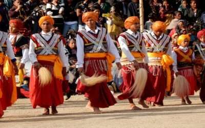 Young men dressed in traditional Meghalaya, one of the Seven Sisters of India, dresses for a festival 