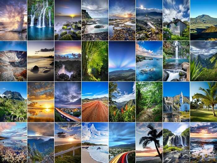 A collage of landscapes from Reunion Island