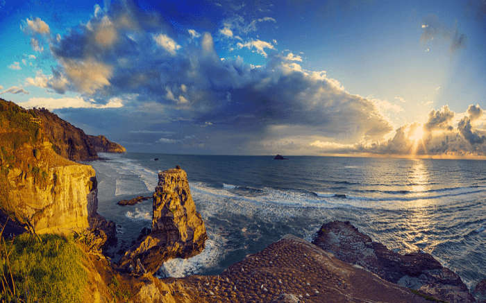 The beautiful Muriwai Beach at sunrise in New Zealand