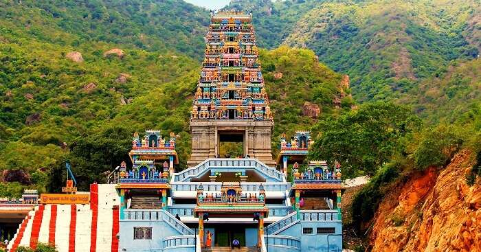 A front-view of the hilltop Maruthamalai Temple in Coimbatore