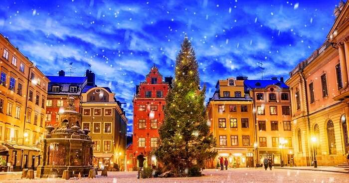 Stortorget square decorated during Christmas time at night in the city of Stockholm