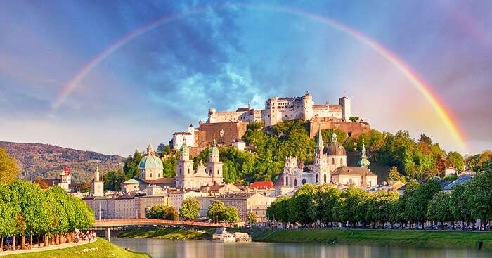 Rainbow over Salzburg castle in Salzburg