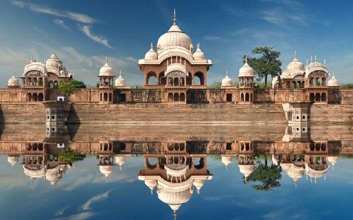 Temple in Mathura by the banks of Kusum Sarovar lake in Uttar Pradesh
