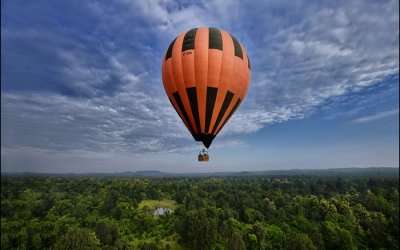 A hot air balloon in the sky above green forest