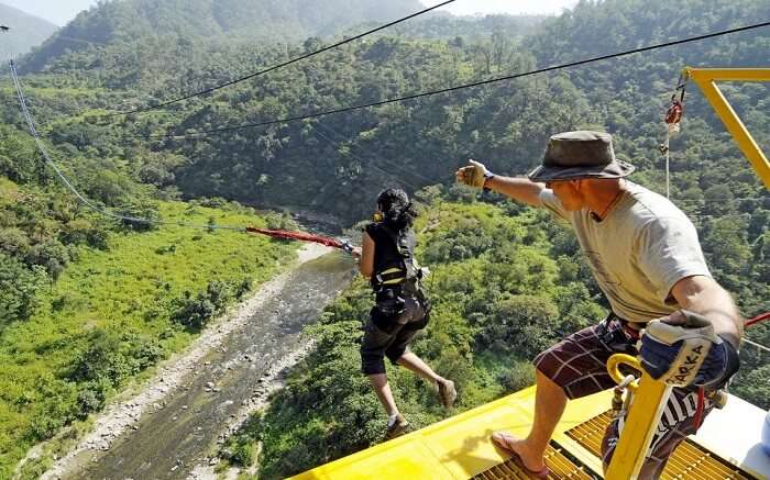 A person bungee jumping in Rishikesh