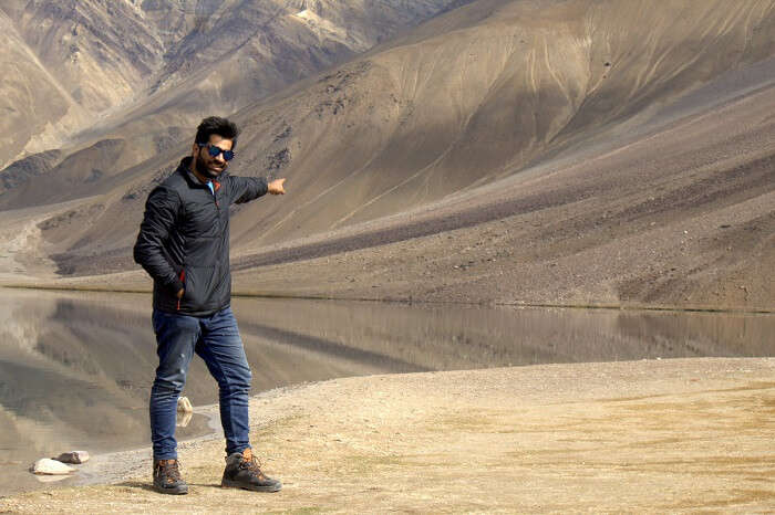 puneet pointing to chandra taal lake